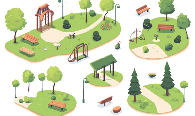 Fototapeta premium Isometric Park Set in Minimalist Style with Benches and Trees Vector