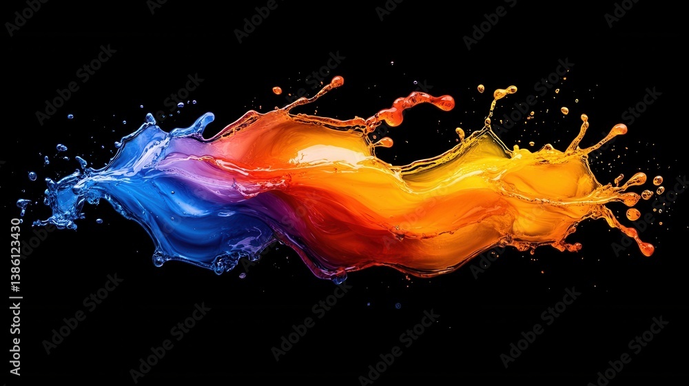 Poster dynamic splash of vibrant colors on a black backdrop creating a mesmerizing abstract art liquid burs