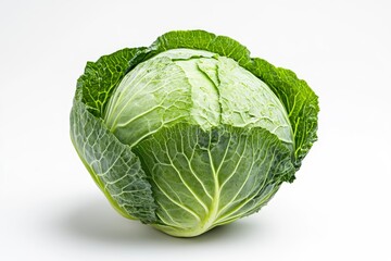 Obraz premium Cabbage Head Close Up on White Background Showcasing Its Textures