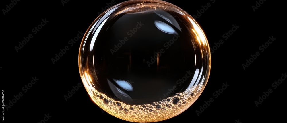 Poster luminous sphere with golden bubbles against a dark backdrop abstract artful design and light interpl