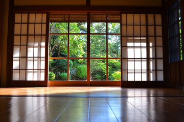 Looking Through Traditional Japanese Window to Green Garden View