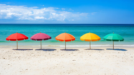 Fototapeta premium Beach Umbrella Paradise: Vivid hues of red, purple, orange, yellow and green create a cheerful scene of summer escape.