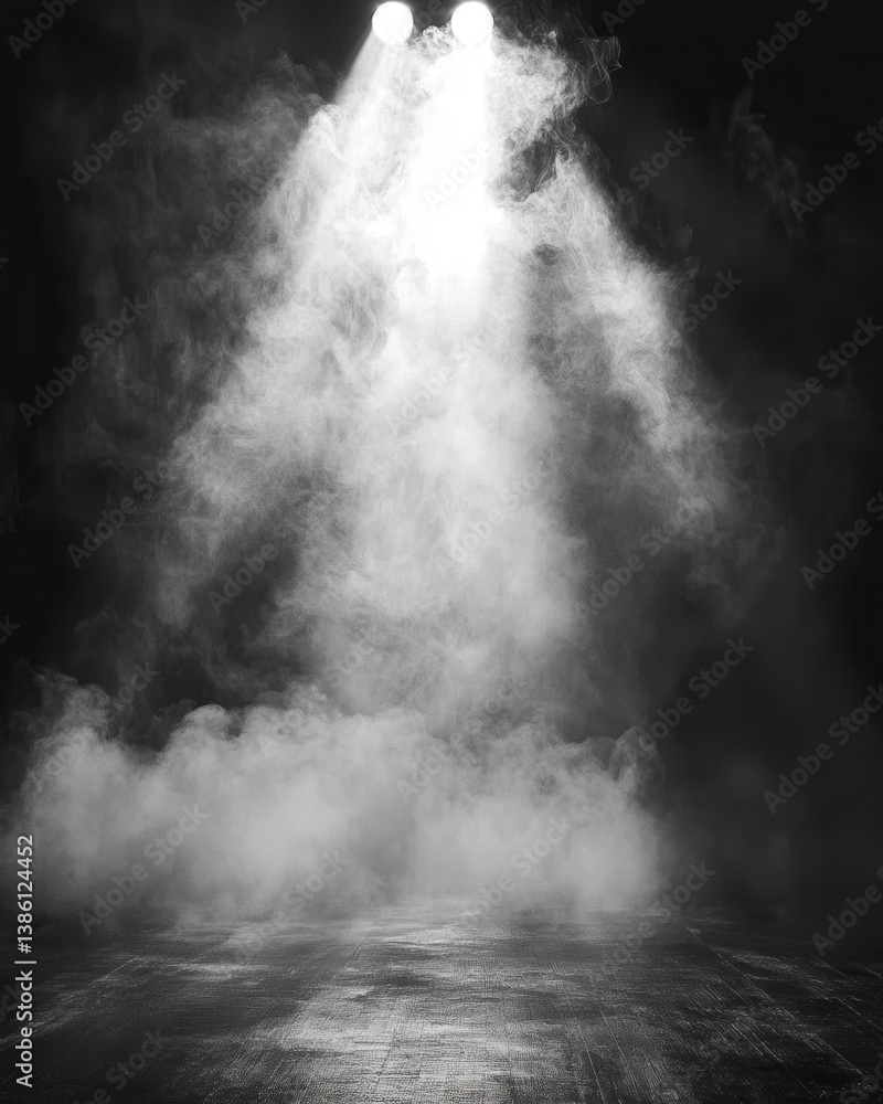 Poster ethereal stage illuminated by spotlights with rising mist creating a dramatic and mysterious atmosph