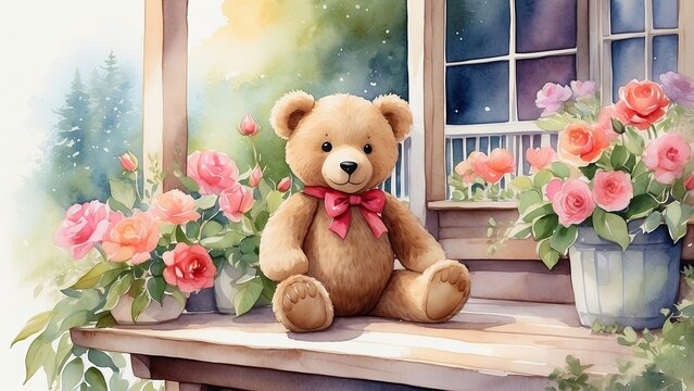 A plush teddy bear with a brown body, dark nose