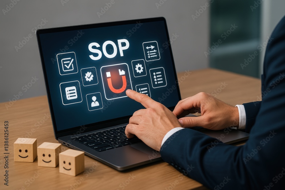 Poster sop standard operating procedure with virtual interface on laptop displayed on wooden desk with busi