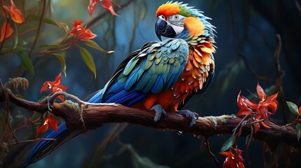 Fototapeta premium Strikingly colorful parrot perched twisted tropical branch surrounded lush green foliage feather shimmer iridescent shade of blue orange red Sunlight filter through dense jungle canopy casting