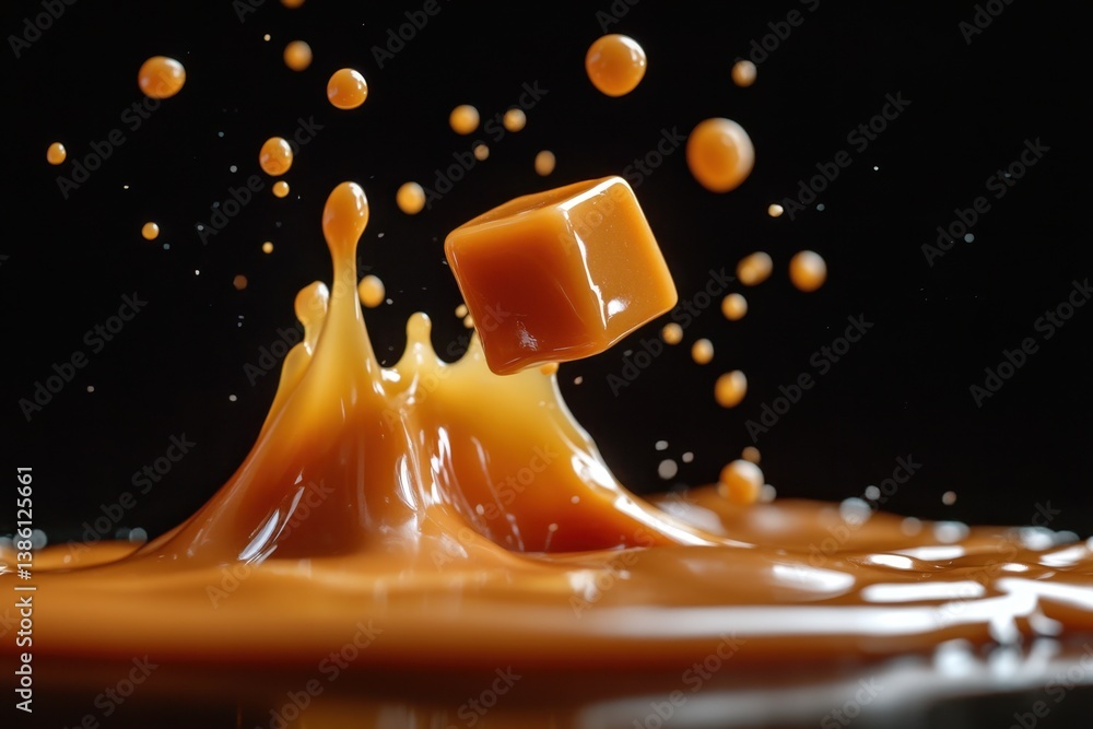 Poster delicious caramel cube splashing into smooth caramel liquid against a dark background creating a swe