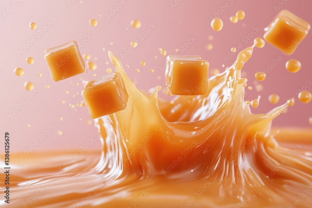Poster captivating splash of caramel sauce with falling caramel cubes against a soft pink backdrop creating