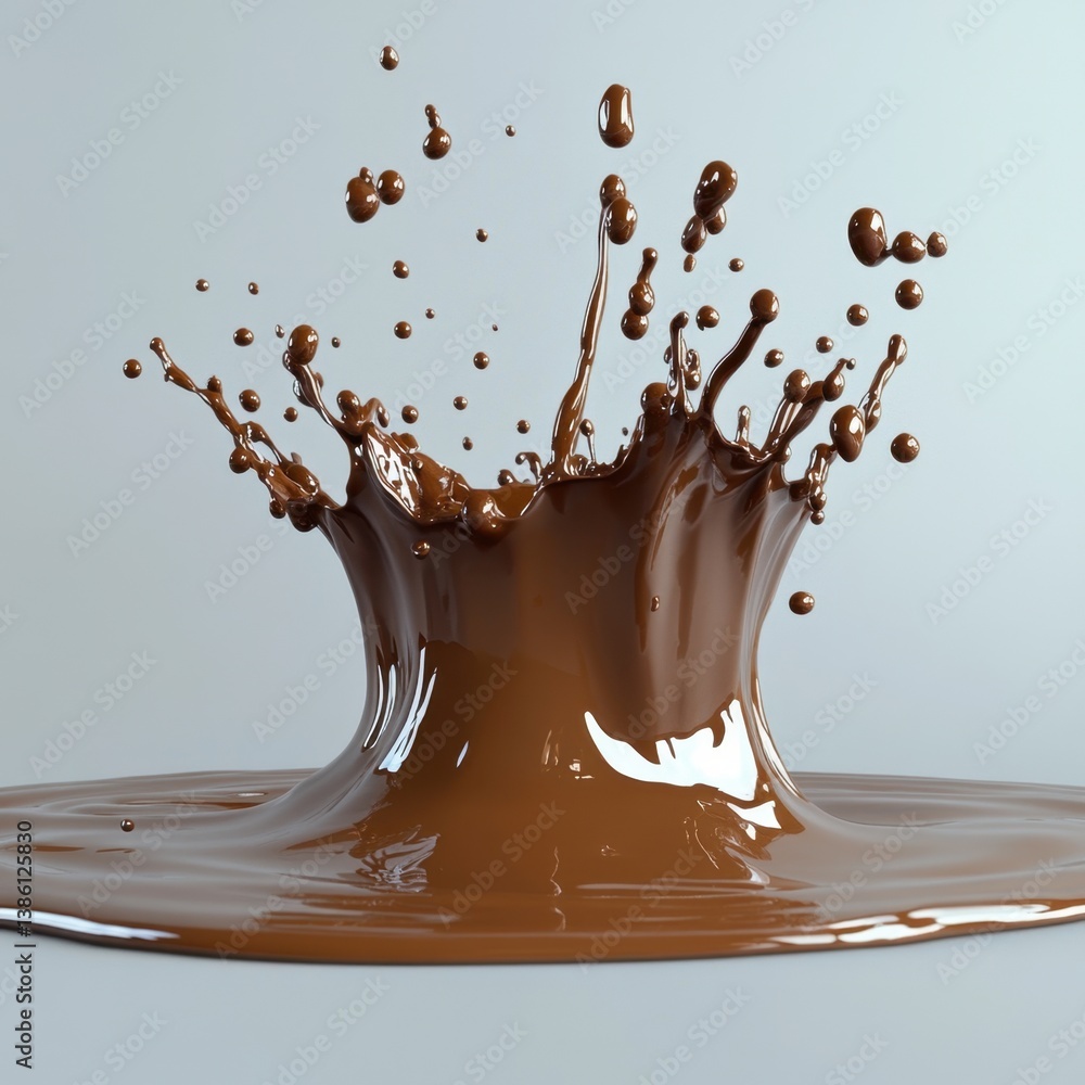 Poster captivating chocolate splash with dynamic droplets on smooth surface showcasing rich texture and flu