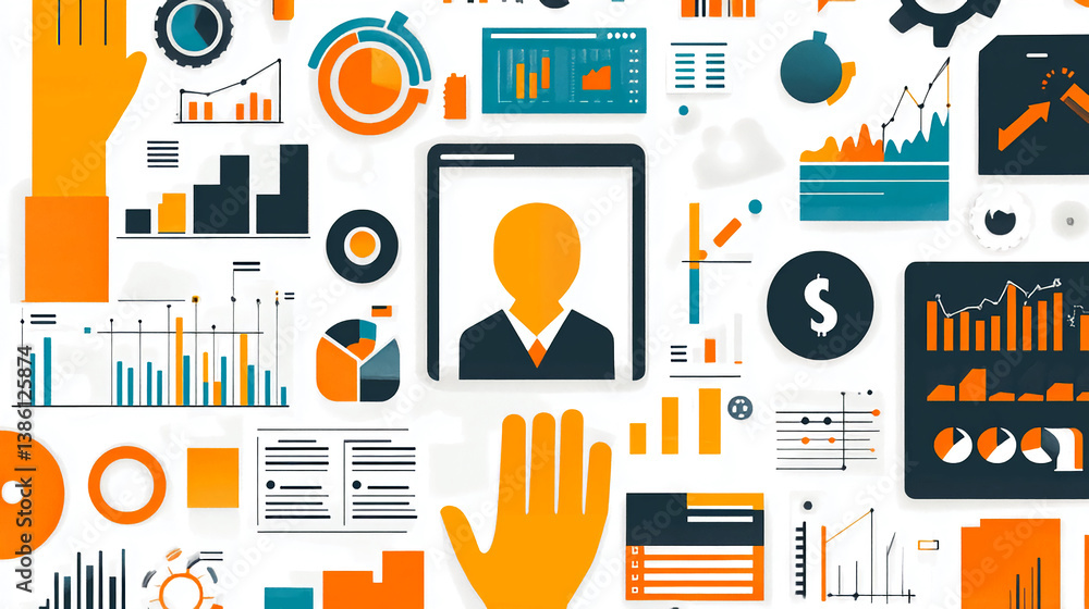 Poster analyzing business data insights with charts graphs and hand gestures for strategic decision making 