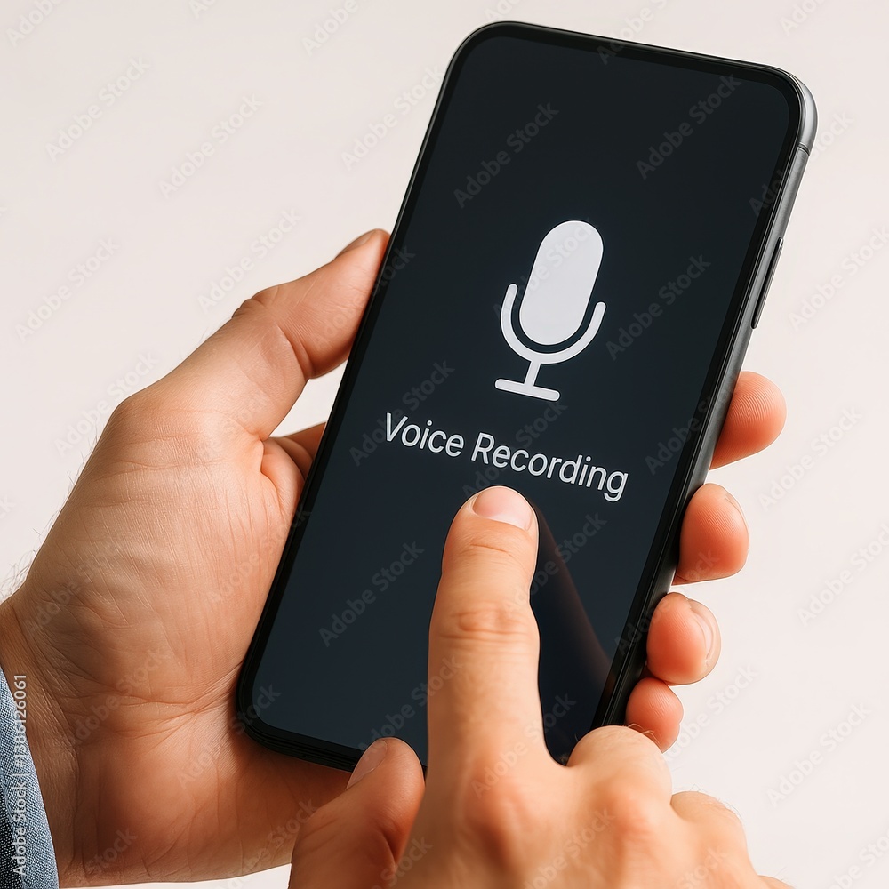 Poster voice recording on smartphone with microphone icon for mobile applications and audio messages