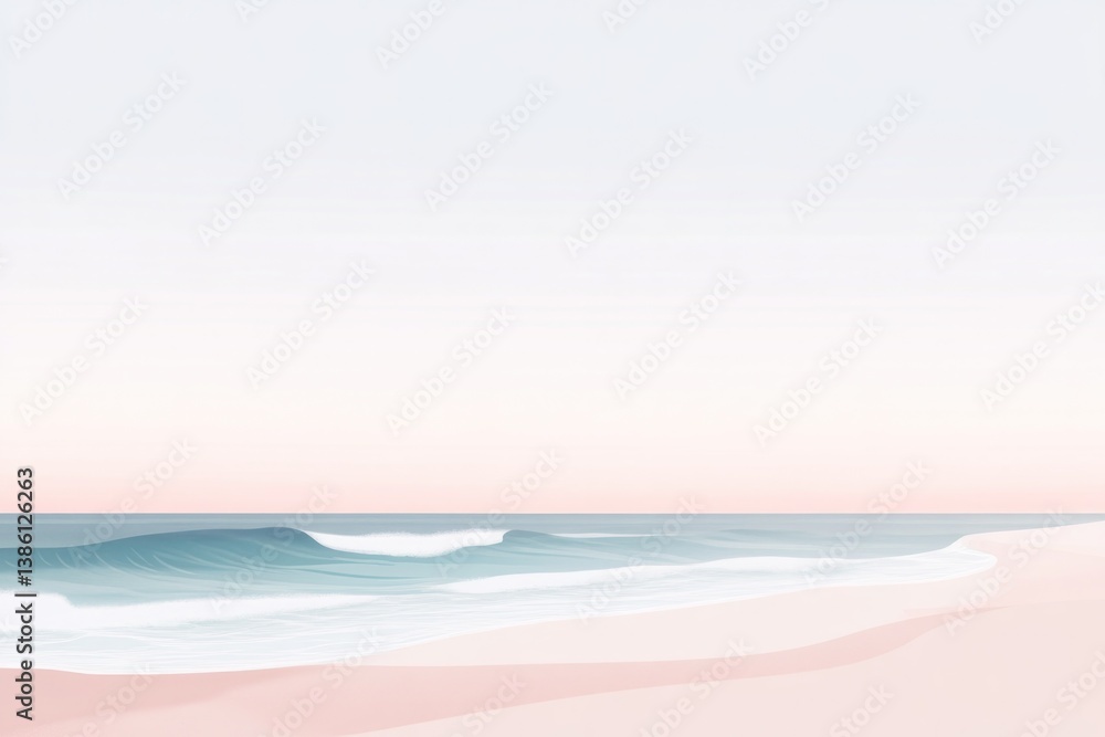 Poster illustrate serene beach scene with gentle waves using minimalistic art style that emphasizes simplic