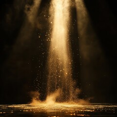 Dramatic golden light beam illuminating shimmering particles on dark background creating ethereal atmosphere