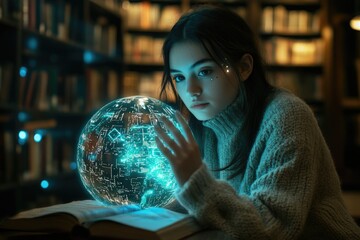 A young woman in a library examines a glowing orb, possibly representing knowledge or futuristic technology.