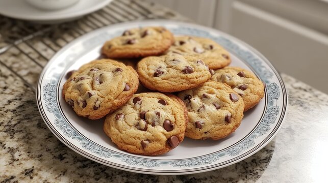 A plate of freshly baked cookies with chocolate chips, placed on a cooling rack