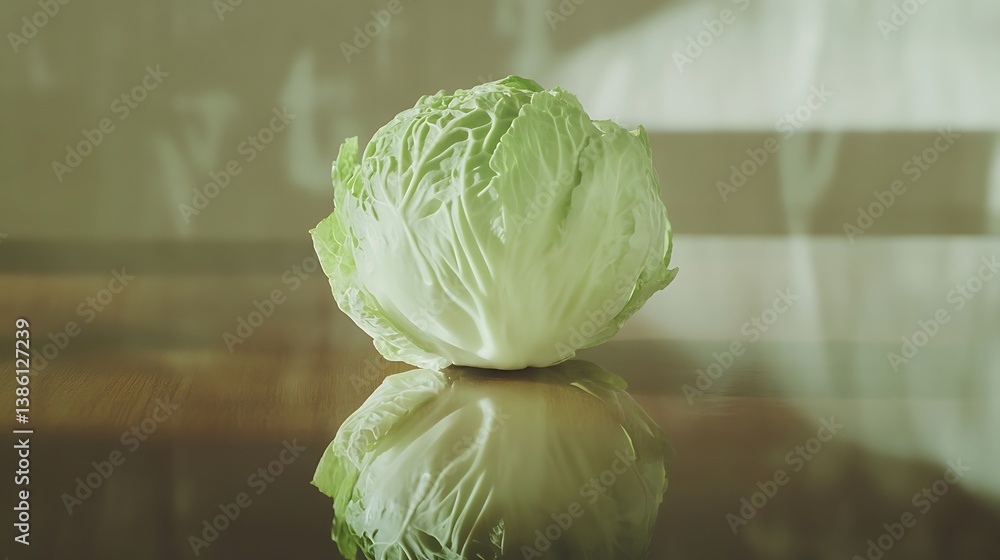 Poster fresh green cabbage displaying its vibrant colors, resting on a wooden surface with soft natural lig