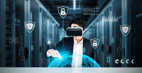 Businessman with goggles working while using security protection. Manager with formal suit checking...