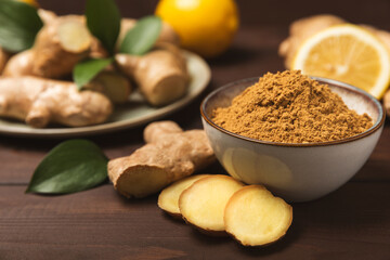 Fresh ginger on wooden background. Dry ginger. Sliced ​​ginger with honey and lemon. Ginger root. Traditional alternative medicine, healing tea for immunity. Seasoning and spices concept. Copy space.