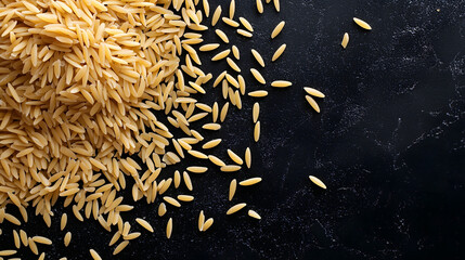 A dynamic close-up of orzo pasta scattered across a black surface, with grains forming a visually intriguing texture and pattern.
