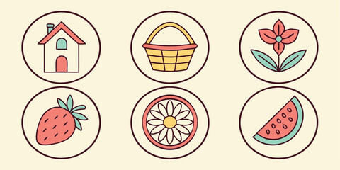 Vector Icons of Fruits, Flowers, House, and Basket for Creative Projects