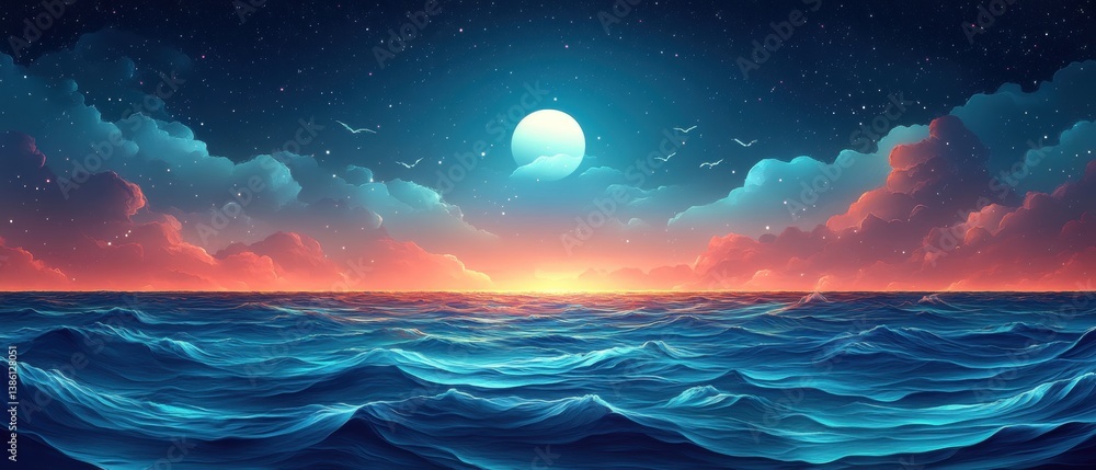 Poster serene seascape under a celestial moonlit sky with gentle waves and dreamy clouds creating a peacefu