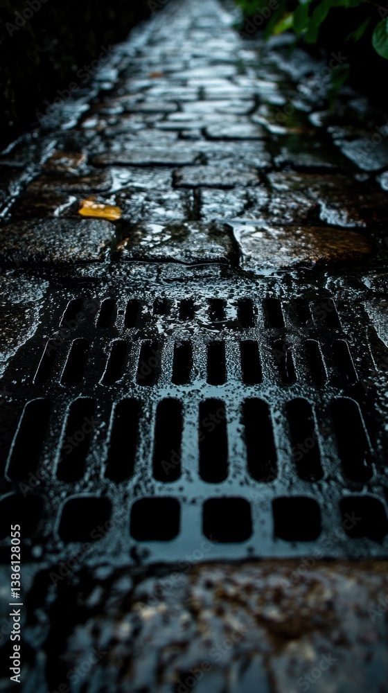 Poster wet cobblestone path leading to drain grate after rain showers in dim light with shallow depth