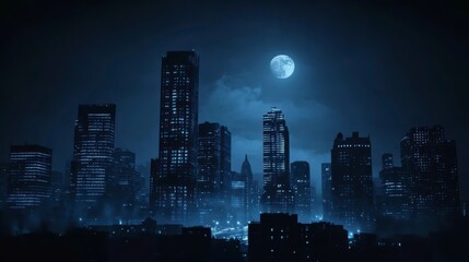 Night cityscape with skyscrapers illuminated under a large full moon.