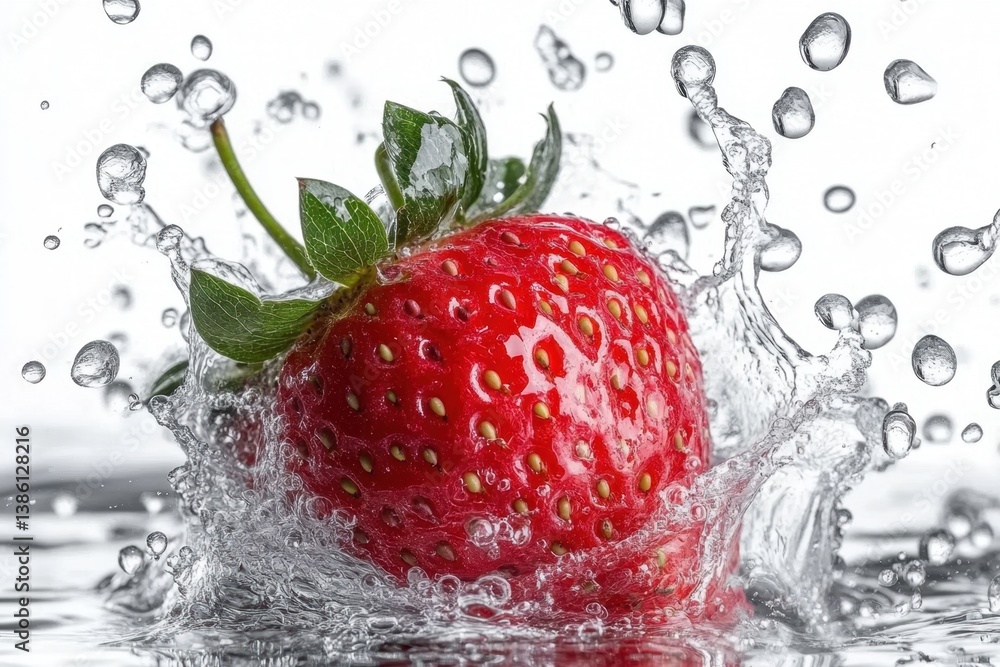 Poster fresh strawberry in water splash with leaves on white background creating a refreshing and vibrant v