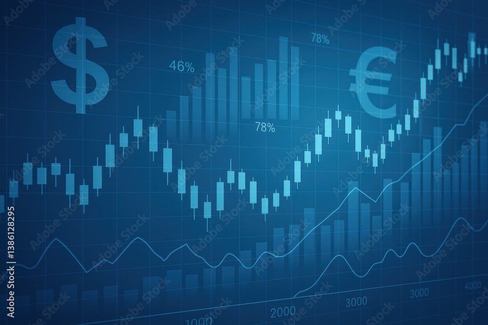 Poster financial data visualization with currency symbols and graphs