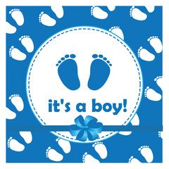 baby bright card, invitation, banner, poster, it's a boy! Baby heels, legs on blue background, blue bow, baby shower, toddler, birth