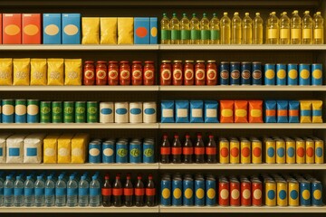 Colorful Arrangement of Bottles and Boxes on Supermarket Shelves