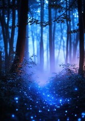 Enchanted forest path glowing with mysterious blue lights at twilight.