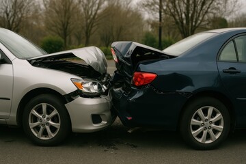 Naklejka premium Car Collision Scene After Impact with Visible Damage on Vehicles