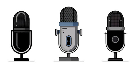 Microphone vector flat icon set, Microphone vector icon set, Microphone icon. Audio speech podcast mic vector symbol. Thin line microphone pictogram. Voice record mike icon in black vector