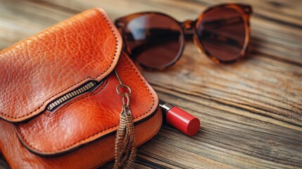 A classic leather handbag resting on a wooden surface with a pair of sunglasses and a lipstick nearby