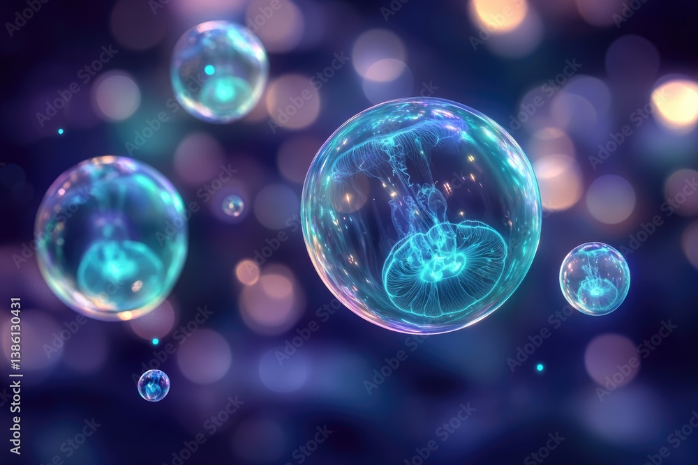 Poster glowing jellyfish trapped inside vibrant, translucent bubbles float in a dark, bokeh-filled space.