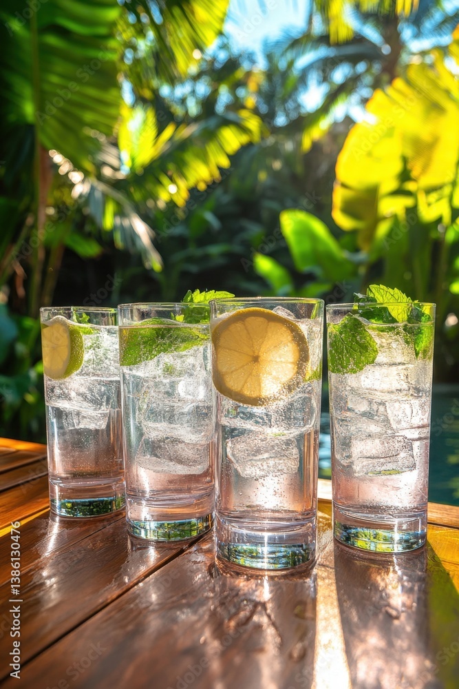 Poster refreshing summer drinks with lemon and mint on a wooden table in a tropical garden setting creating