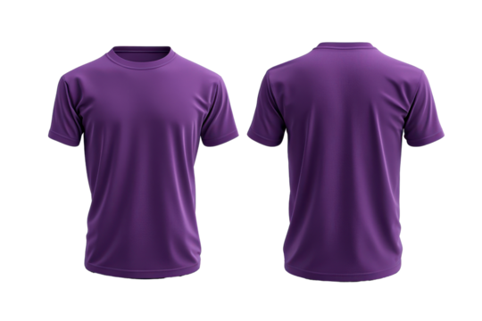 Purple T-shirt design template front and back view, isolated on transparent background