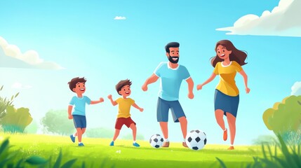Fototapeta premium Parents and children joyfully playing soccer together in the park field
