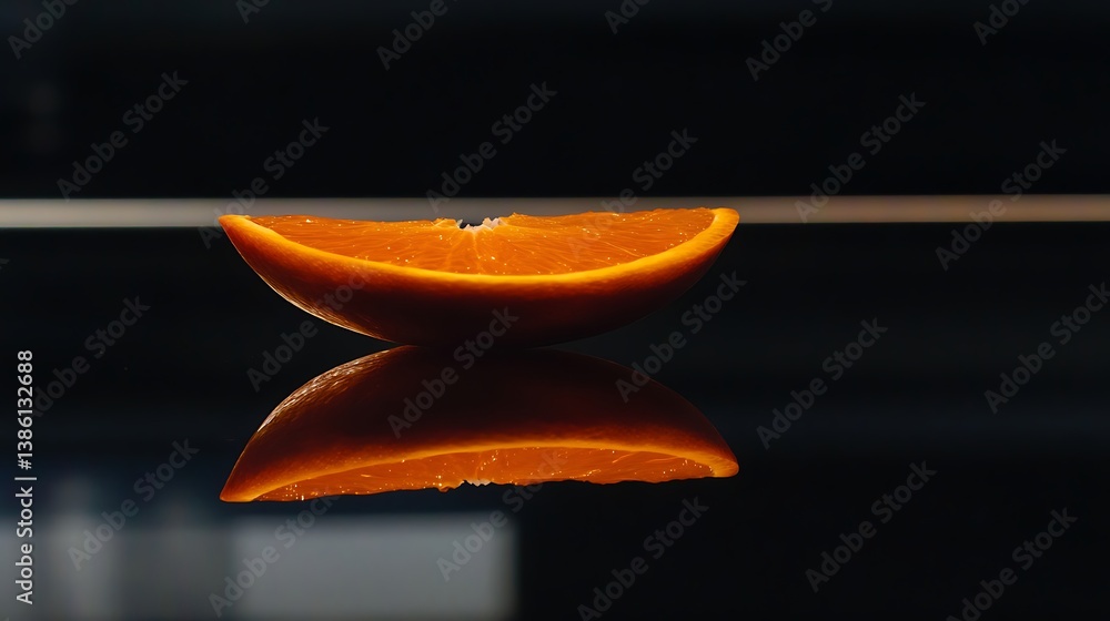 Poster a vibrant slice of orange resting on a reflective surface, showcasing its juicy texture and rich col