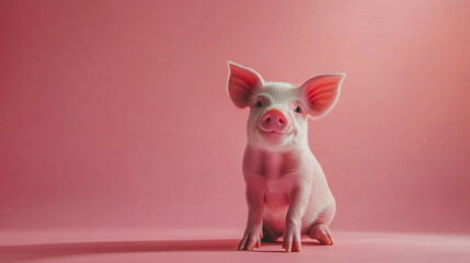 funny piggy looking over wall against yellow background