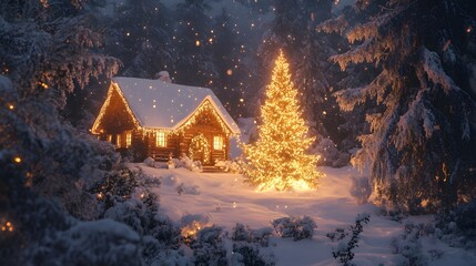Fototapeta premium Winter Wonderland: A snow-covered cottage glows warmly amidst a serene, snowy landscape. An illuminated Christmas tree stands majestically, evoking a sense of peace and festive cheer.