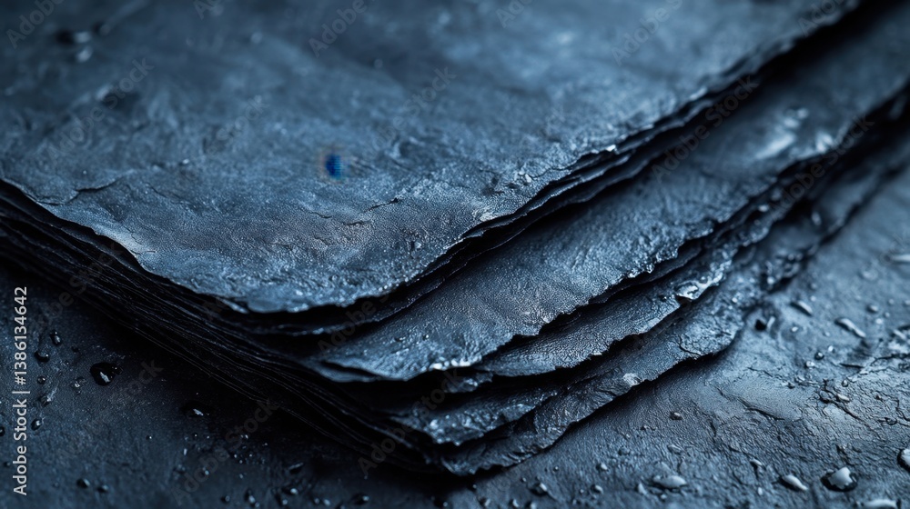 Poster moody close up of stacked slate tiles with water droplets creating a textured and abstract dark blue