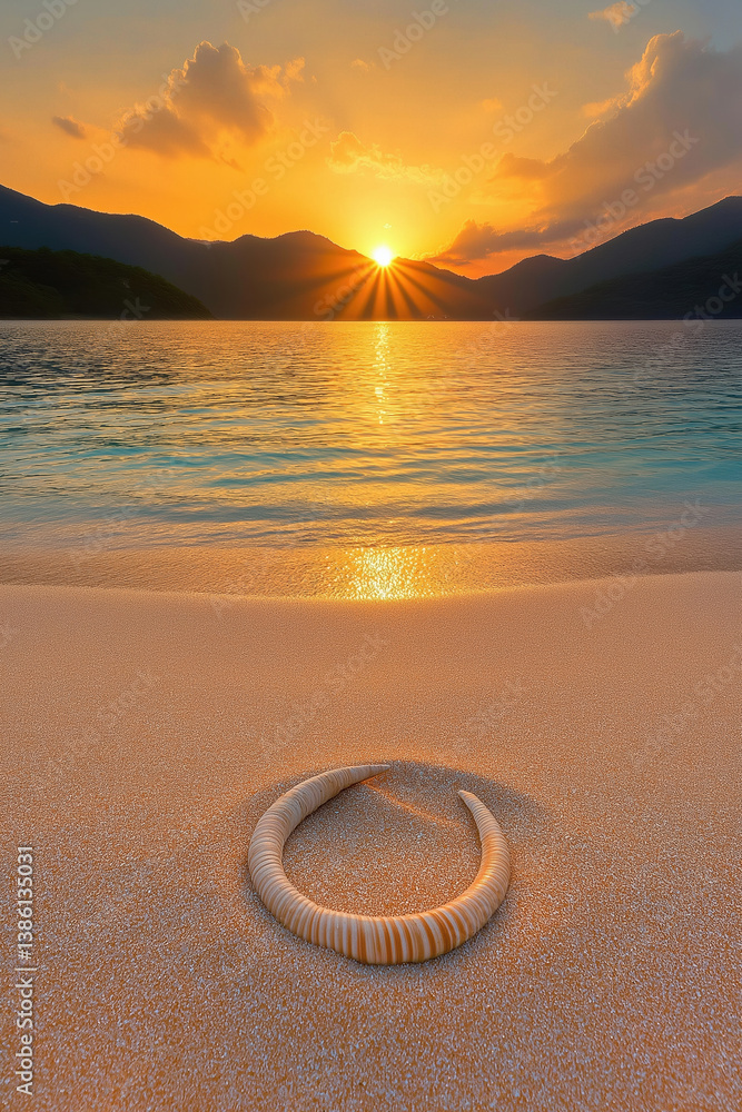 Poster sunset at the beach with a seashell in the foreground creating a serene atmosphere