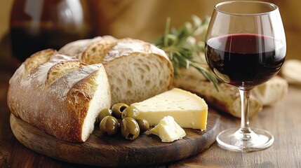 A rustic wooden table with fresh bread, cheese, olives, and a glass of red wine