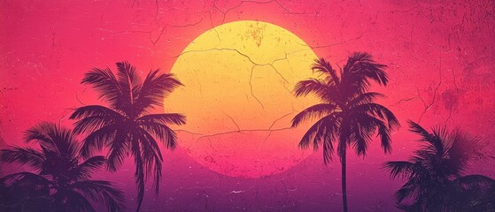 Obraz premium Tropical sunset over silhouetted palm trees in vibrant orangepink