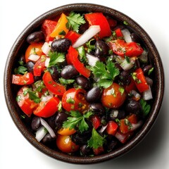 Mediterranean Black Bean Salad concept. A vibrant bowl of colorful salad featuring black beans, cherry tomatoes, bell peppers, onions, and fresh cilantro.