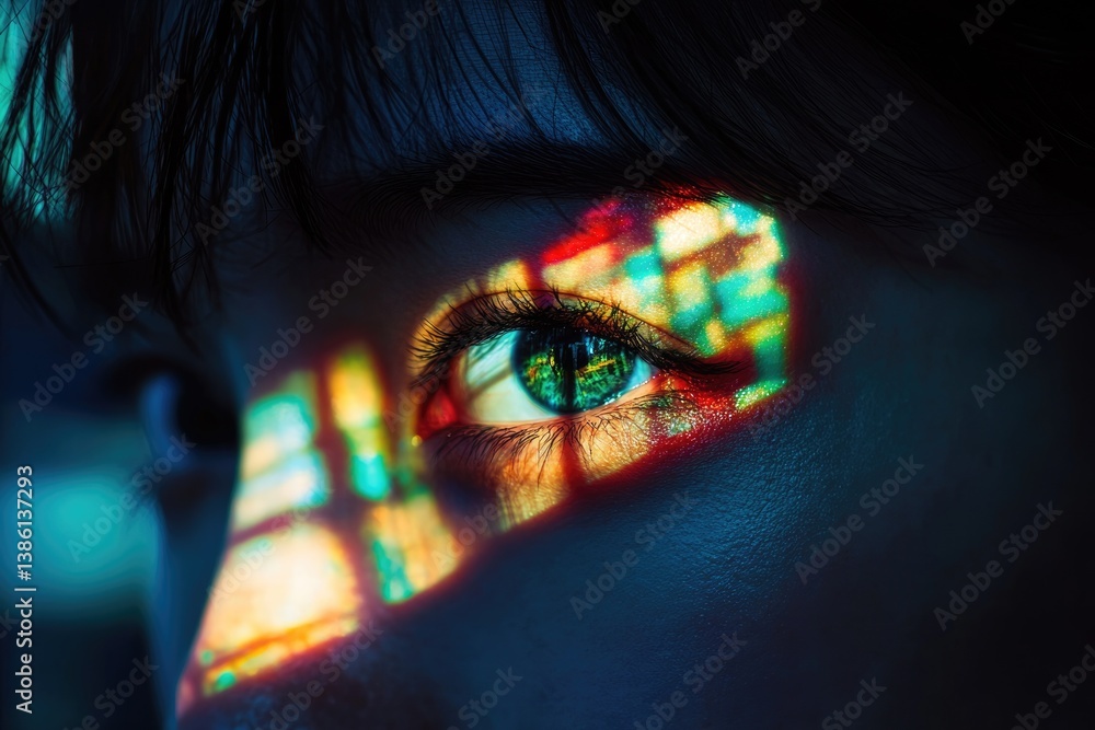 Aufkleber close-up of a person's eye with colorful light reflections creating a mesmerizing effect.