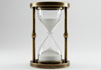 A close up of a vintage hourglass with white sand on a white background in a studio setting