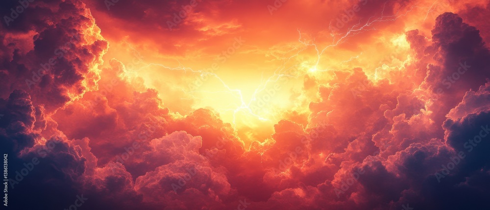 Poster dramatic sky with red clouds and lightning strikes creating a powerful and intense atmosphere above 